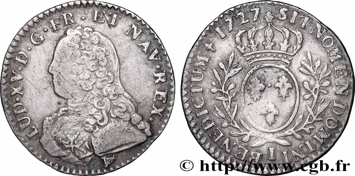 LOUIS XV DIT LE BIEN AIMÉ Dixième d’écu aux branches d’olivier, buste habillé 1727 Limoges TB+/TTB+