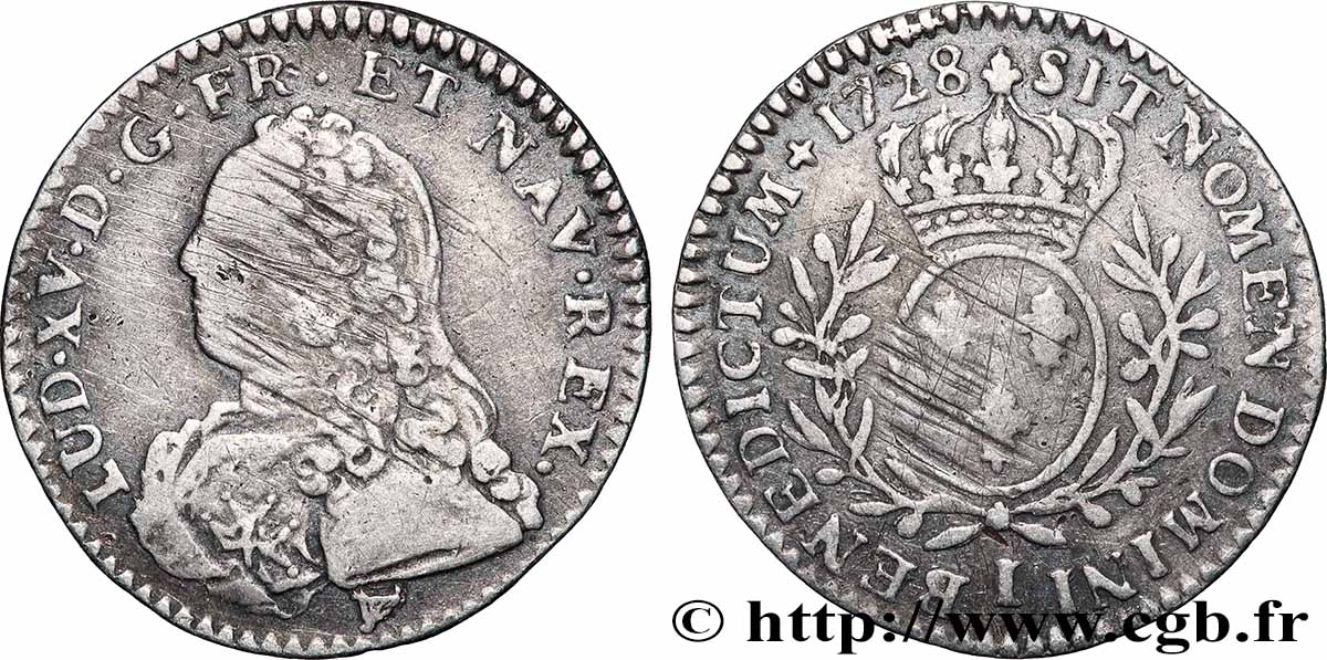 LOUIS XV &nbsp;THE WELL-BELOVED&nbsp; Dixième d’écu aux branches d’olivier, buste habillé 1728 Limoges VF/XF