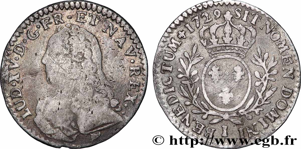 LOUIS XV DIT LE BIEN AIMÉ Dixième d’écu aux branches d’olivier, buste habillé 1729 Limoges TB+