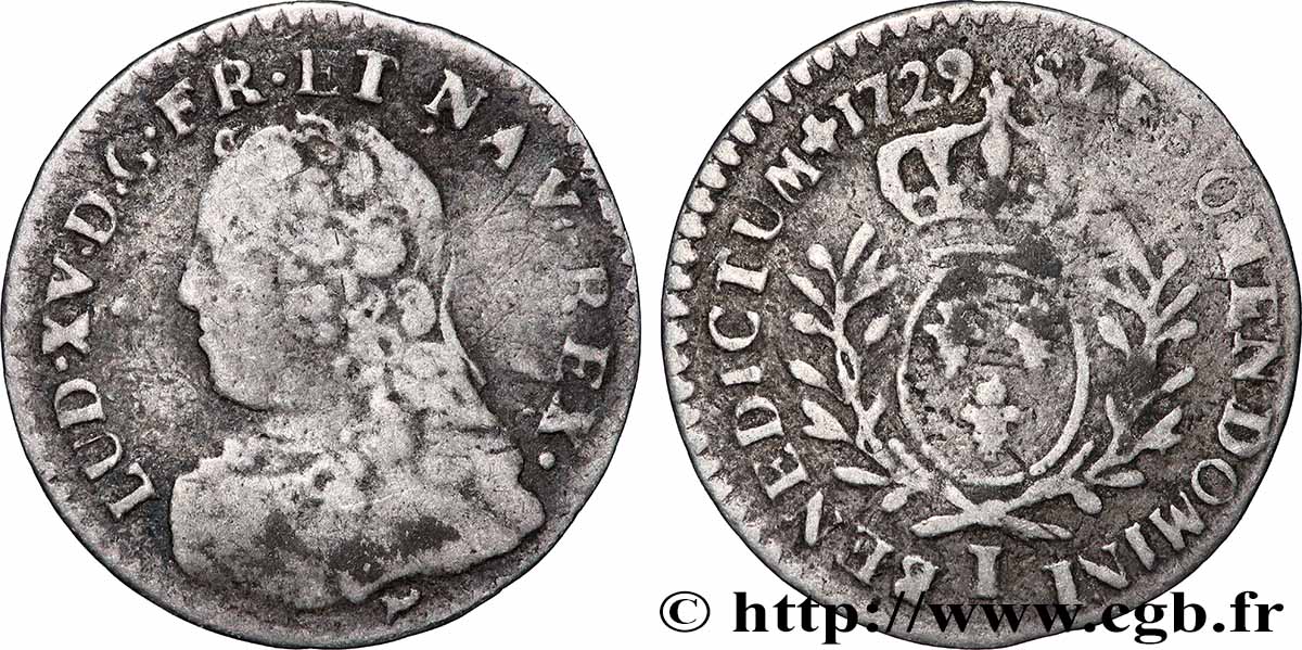 LOUIS XV DIT LE BIEN AIMÉ Vingtième d’écu aux branches d’olivier, buste habillé 1729 Limoges TB+/TB