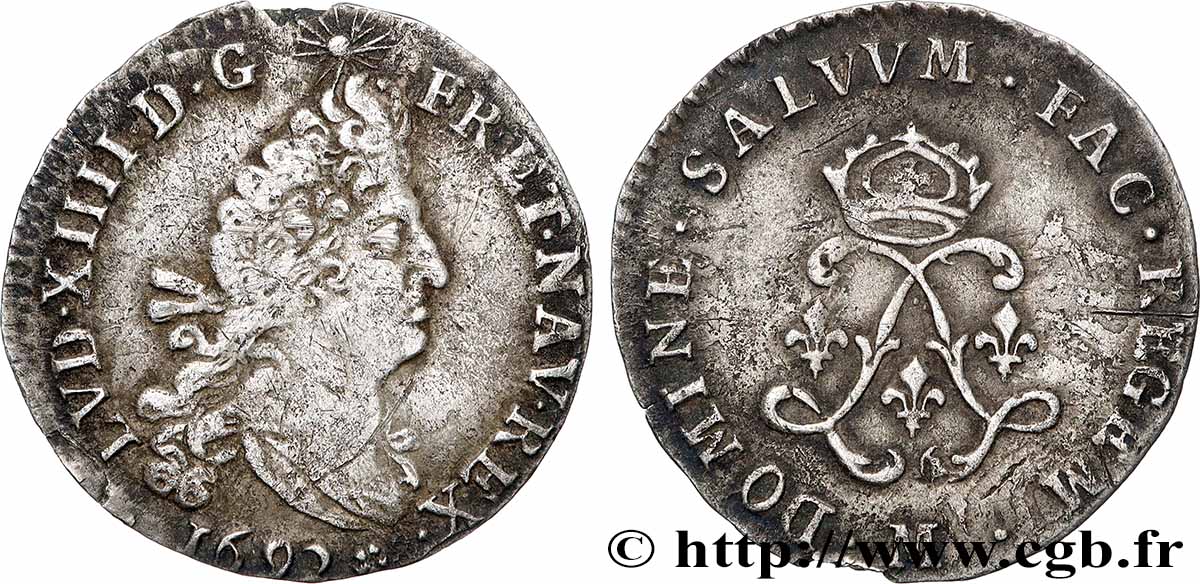 LOUIS XIV LE GRAND OU LE ROI SOLEIL Quatre sols aux deux L 1692 Toulouse TTB