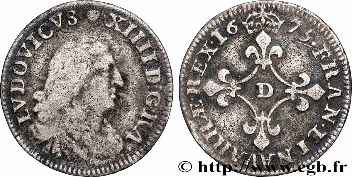 LOUIS XIV LE GRAND OU LE ROI SOLEIL Quatre sols à la croix formée de lis 1675 Lyon ou Vimy-en-Lyonnais TB+/TTB