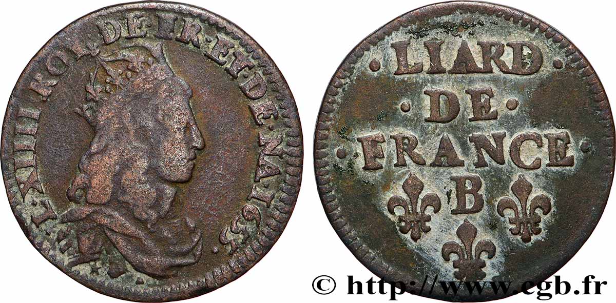 LOUIS XIV LE GRAND OU LE ROI SOLEIL Liard de cuivre, 2e type 1655 Pont-de-l’Arche TB+/TTB