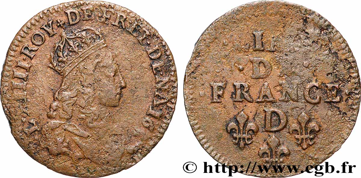 LOUIS XIV LE GRAND OU LE ROI SOLEIL Liard de cuivre, 2e type 166[?] Vimy-en-Lyonnais (actuellement Neuville-sur-Saône) TB+