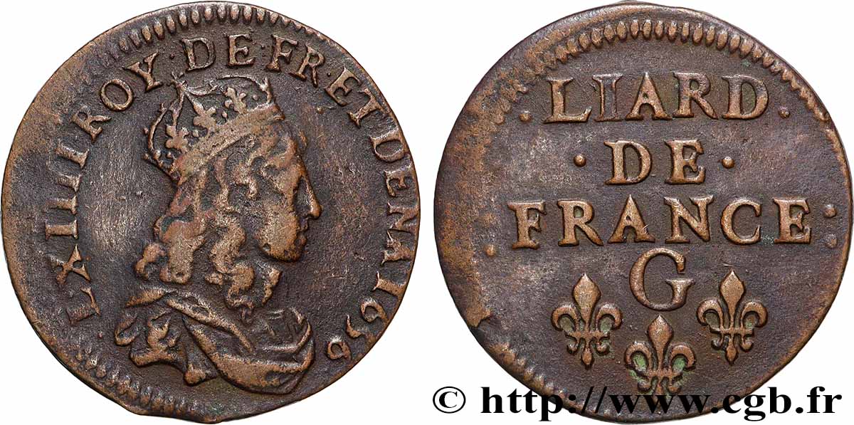 LOUIS XIV LE GRAND OU LE ROI SOLEIL Liard de cuivre, 2e type 1656 Lusignan TTB