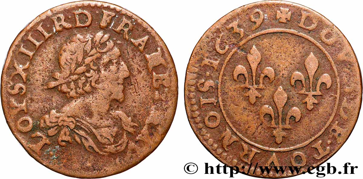 LOUIS XIII LE JUSTE Double tournois, au grand buste viril drapé 1639 Atelier indéterminé TB+