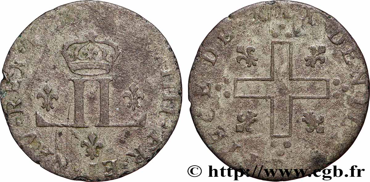 LOUIS XIV LE GRAND OU LE ROI SOLEIL XV deniers aux 2 L couronnées s.m. Metz TB