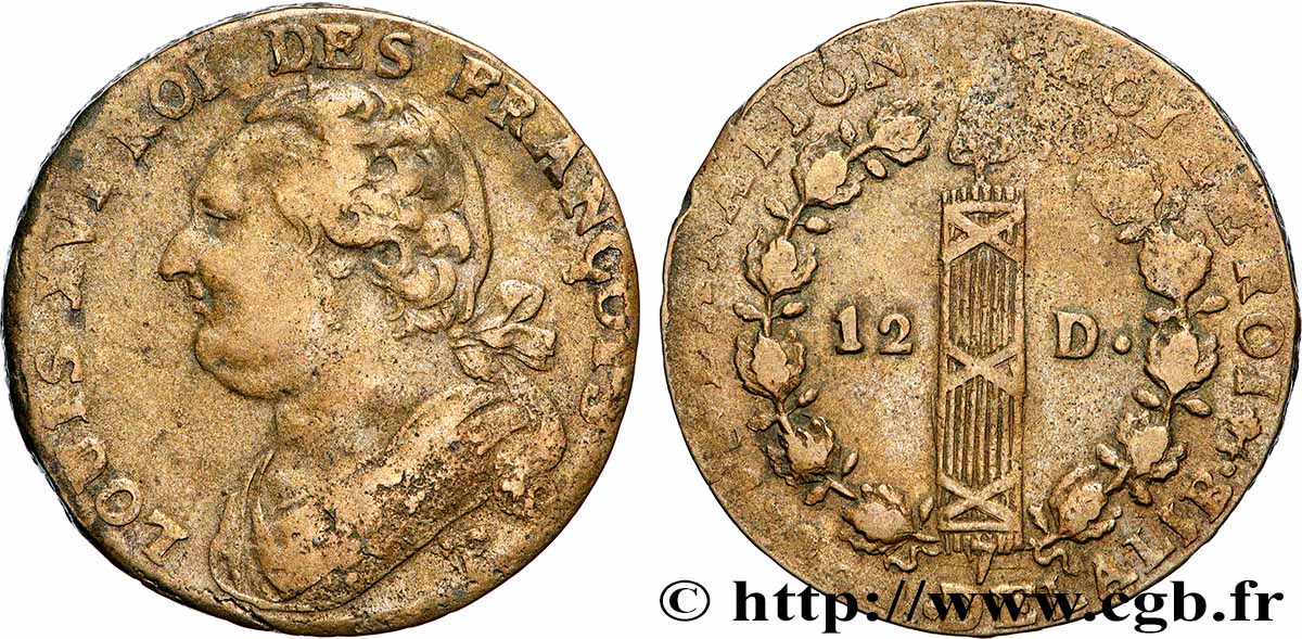 LOUIS XVI (MONARQUE CONSTITUTIONNEL)  12 deniers dit &nbsp;au faisceau&nbsp;, type FRANÇOIS 1792 Nantes TTB