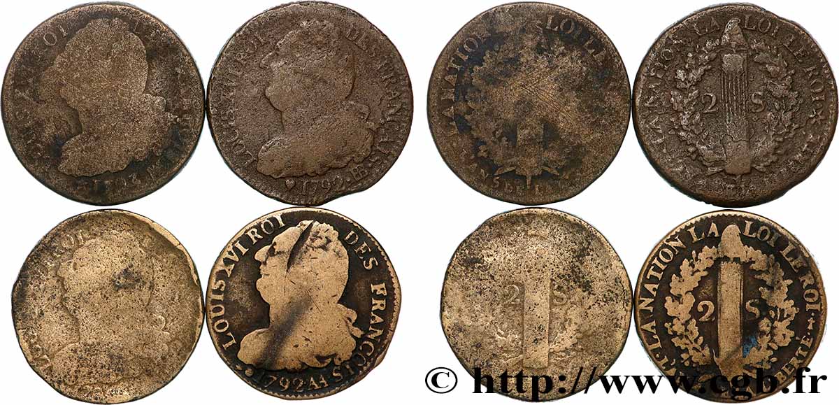 LOUIS XVI (MONARQUE CONSTITUTIONNEL)  2 sols dit &nbsp;au faisceau&nbsp;, types divers, lot de 4 ex. n.d. Ateliers divers Lot