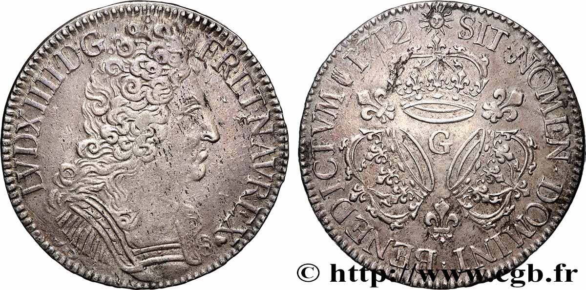 LOUIS XIV LE GRAND OU LE ROI SOLEIL Écu aux trois couronnes 1712 Poitiers TTB