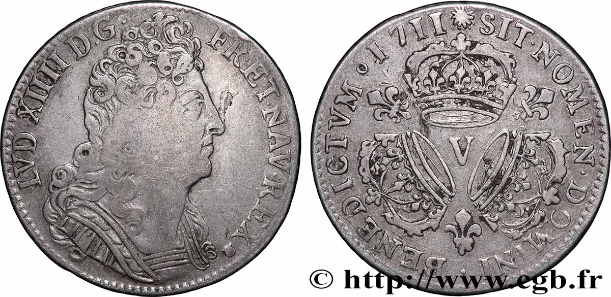 LOUIS XIV LE GRAND OU LE ROI SOLEIL Quart d&nbsp;écu aux trois couronnes 1711 Troyes TB+/TTB