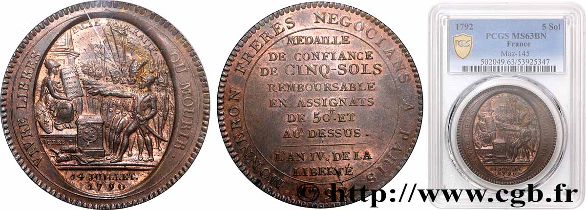 REVOLUTION COINAGE Monneron de 5 sols au serment (An IV), 3e type 1792 Birmingham, Soho SC63