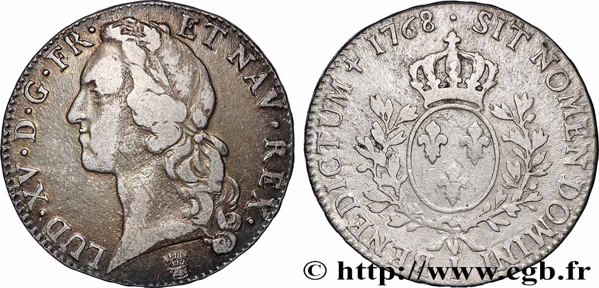 LOUIS XV DIT LE BIEN AIMÉ Écu aux branches d’olivier, tête ceinte d’un bandeau 1768 Limoges TB+/TTB