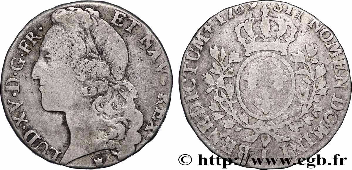 LOUIS XV &nbsp;THE WELL-BELOVED&nbsp; Demi-écu aux branches d’olivier, tête ceinte d’un bandeau 1769 Limoges VF/F