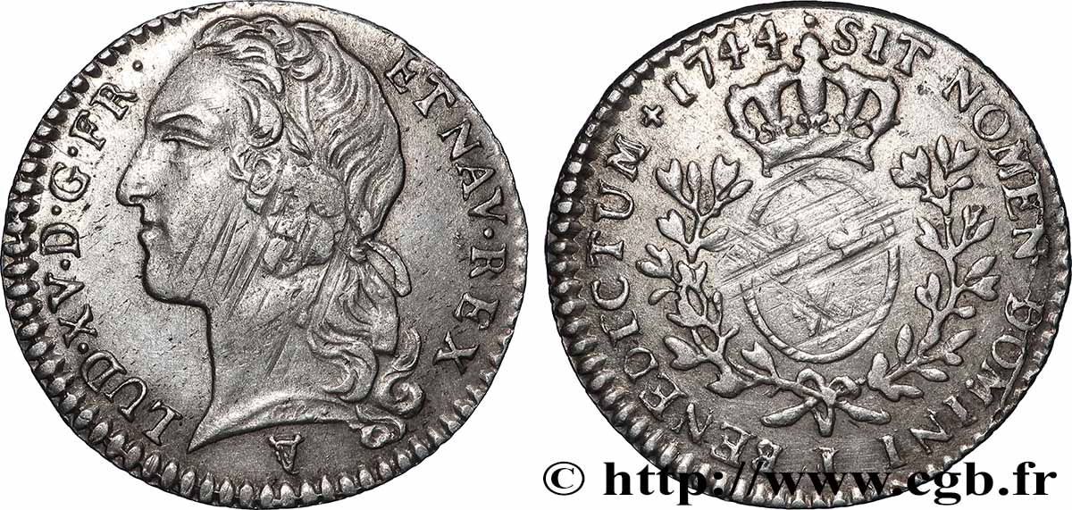 LOUIS XV DIT LE BIEN AIMÉ Dixième d&nbsp;écu aux branches d’olivier, tête ceinte d’un bandeau 1744 Limoges TTB+