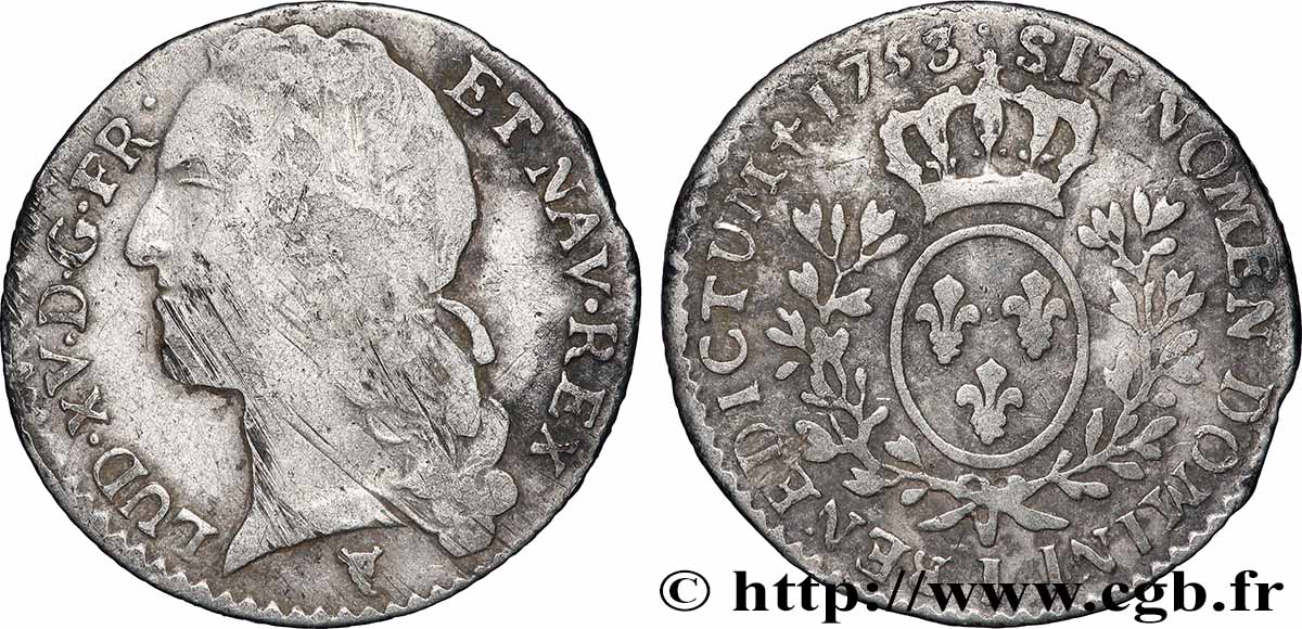 LOUIS XV DIT LE BIEN AIMÉ Dixième d&nbsp;écu aux branches d’olivier, tête ceinte d’un bandeau 1753 Limoges B+/TB+
