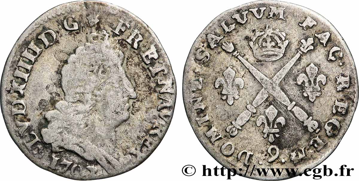 LOUIS XIV LE GRAND OU LE ROI SOLEIL Cinq sols aux insignes 1702 Rennes TB+/TTB