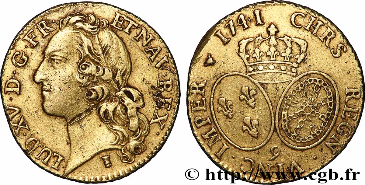 LOUIS XV &nbsp;THE WELL-BELOVED&nbsp; Louis d’or aux écus ovales, tête ceinte d’un bandeau 1741 Rennes XF