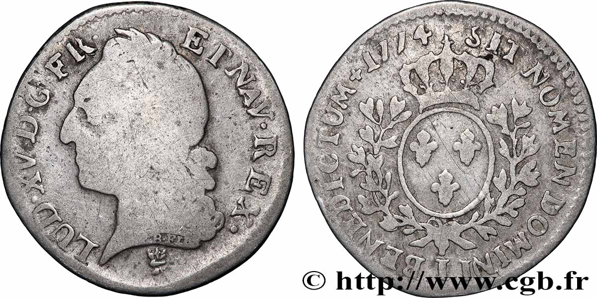 LOUIS XV DIT LE BIEN AIMÉ Dixième d’écu aux branches d’olivier, buste lauré 1774 Limoges B+/TB