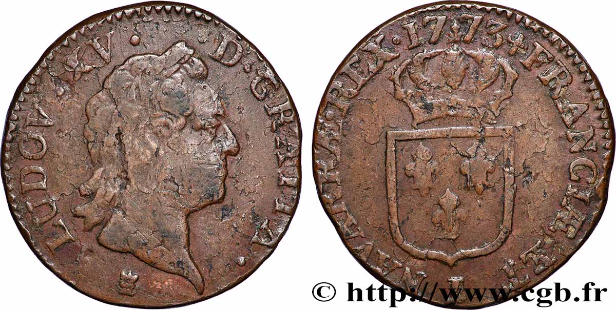 LOUIS XV DIT LE BIEN AIMÉ Sol dit &nbsp;à la vieille tête&nbsp; 1773 Limoges TTB