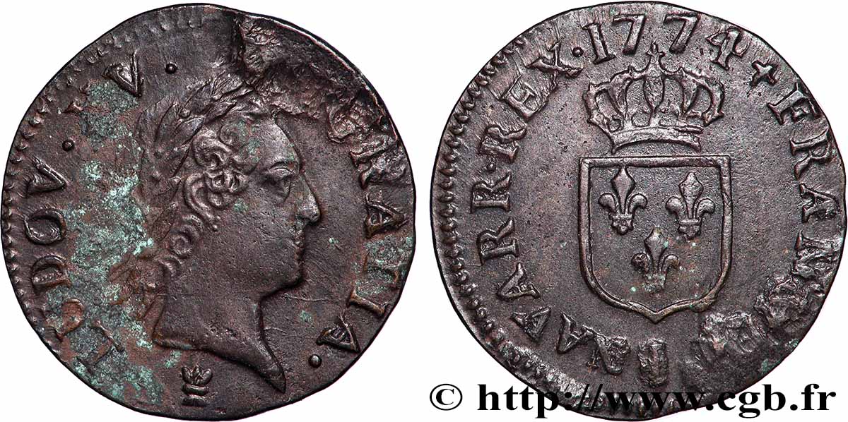 LOUIS XV &nbsp;THE WELL-BELOVED&nbsp; Liard dit &nbsp;à la vieille tête &nbsp; 1774 Limoges VF