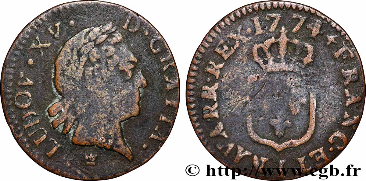 LOUIS XV DIT LE BIEN AIMÉ Liard dit &nbsp;à la vieille tête &nbsp; 1774 Limoges TB