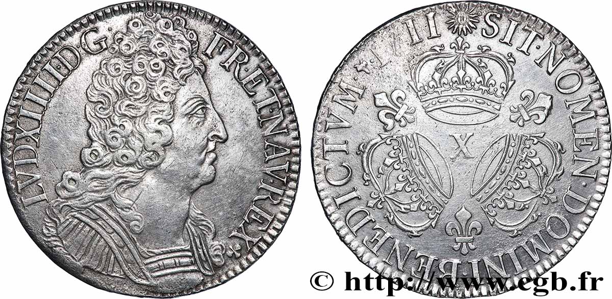 LOUIS XIV LE GRAND OU LE ROI SOLEIL Écu aux trois couronnes 1711 Amiens SUP