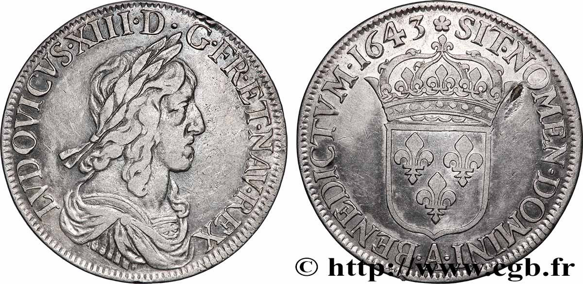 LOUIS XIII LE JUSTE Écu, buste drapé et cuirassé (2e buste de Jean Warin) 1643 Paris, Monnaie de Matignon TTB/TTB+