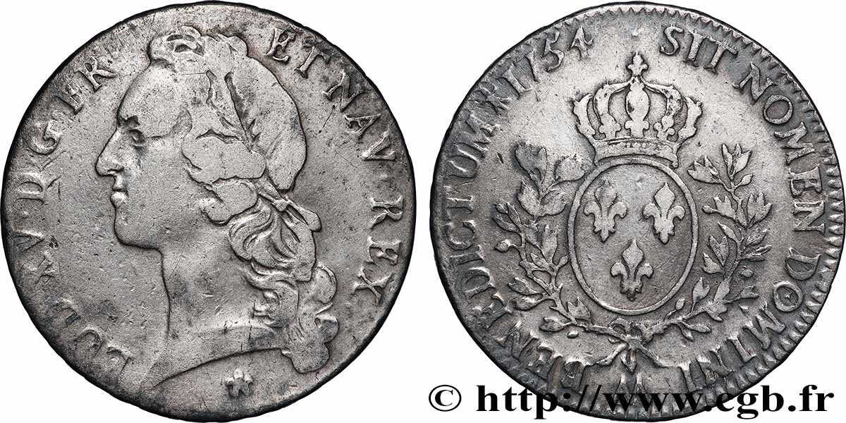 LOUIS XV &nbsp;THE WELL-BELOVED&nbsp; Écu aux branches d’olivier, tête ceinte d’un bandeau 1754 Metz VF/VF