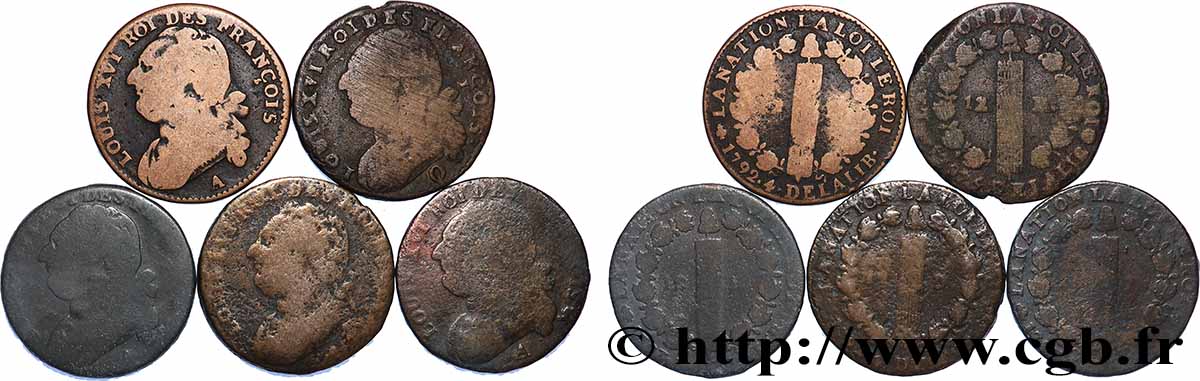 LOUIS XVI (MONARQUE CONSTITUTIONNEL)  12 deniers dit &nbsp;au faisceau&nbsp;, type FRANCOIS, lot de 5 ex. n.d. Ateliers divers lot