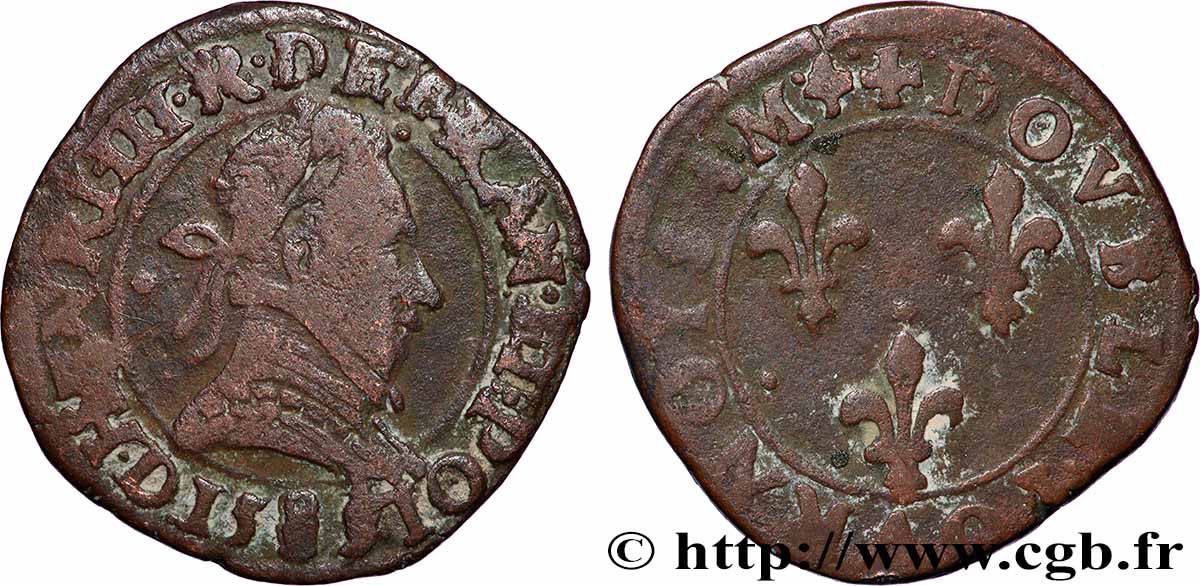 HENRI III Double tournois, 2e type de Lyon 1589 Lyon TB