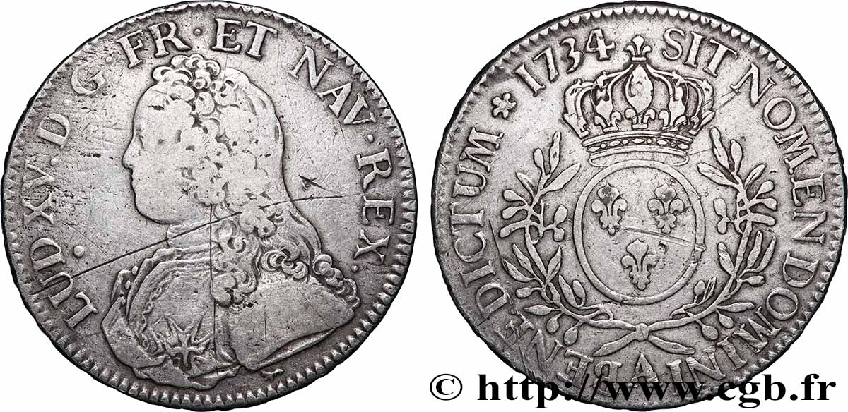LOUIS XV &nbsp;THE WELL-BELOVED&nbsp; Écu aux branches d&nbsp;olivier, buste habillé 1734 Paris S