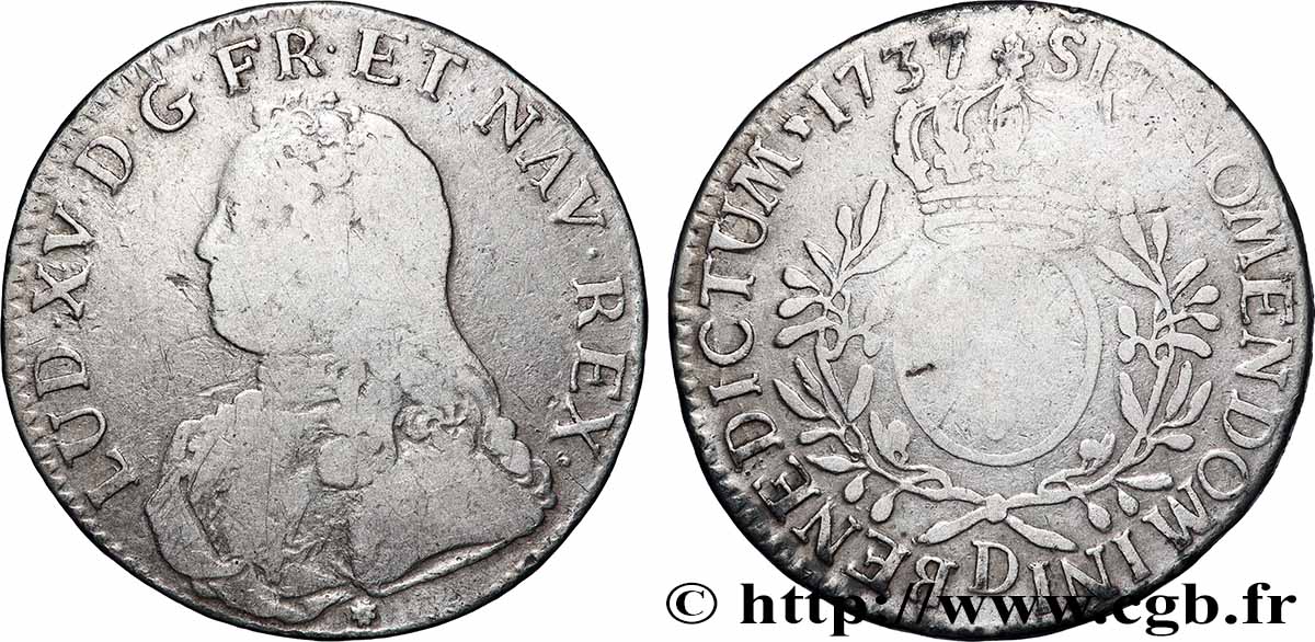 LOUIS XV &nbsp;THE WELL-BELOVED&nbsp; Écu aux branches d&nbsp;olivier, buste habillé 1737 Lyon S