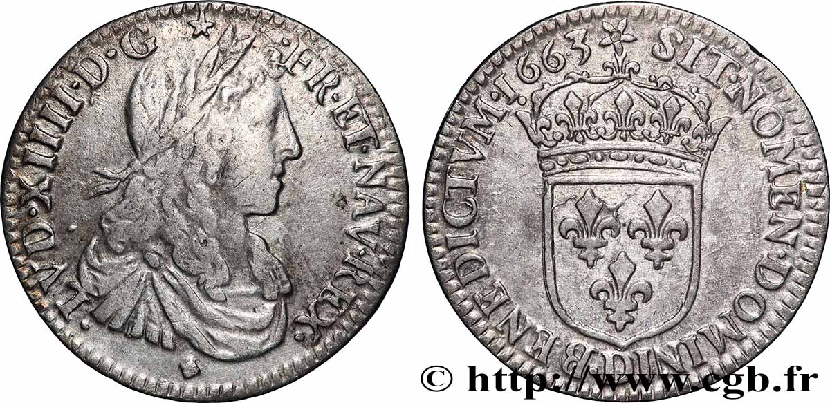 LOUIS XIV &nbsp;THE SUN KING&nbsp; Douzième d&nbsp;écu, portrait apollinien 1663 Lyon AU/AU