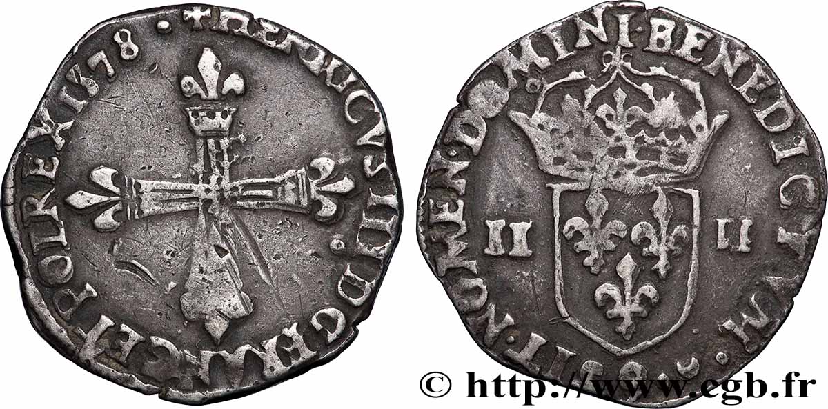 HENRY III Quart d&nbsp;écu, croix de face 1578 Rennes VF
