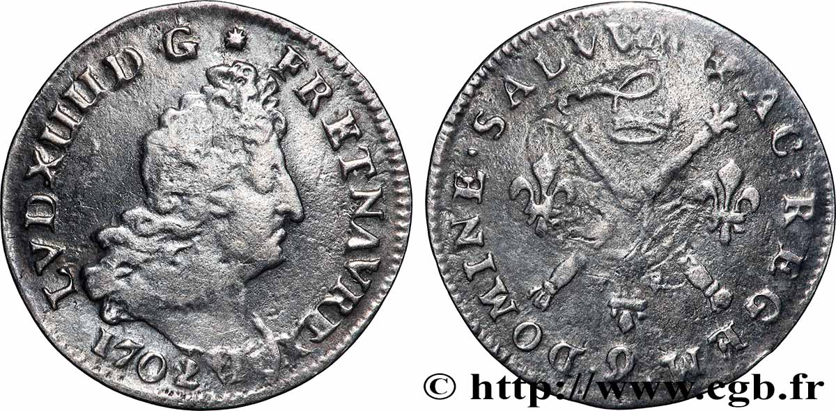 LOUIS XIV &nbsp;THE SUN KING&nbsp; Cinq sols aux insignes 1702 Rennes VF