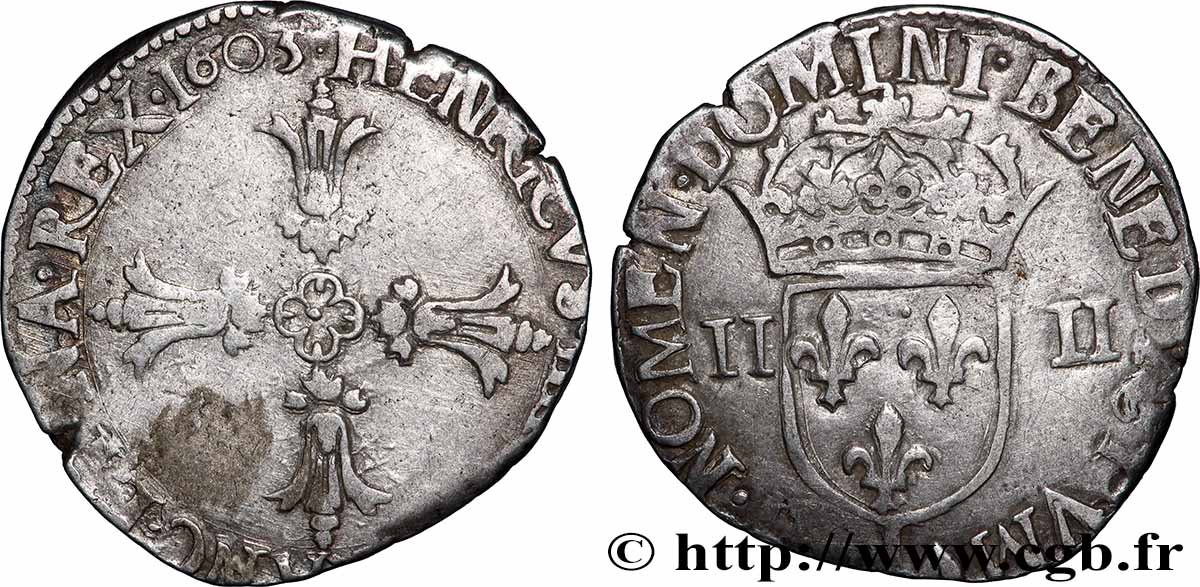 HENRI IV LE GRAND Quart d&nbsp;écu, croix feuillue de face 1603 Limoges TB+/TTB