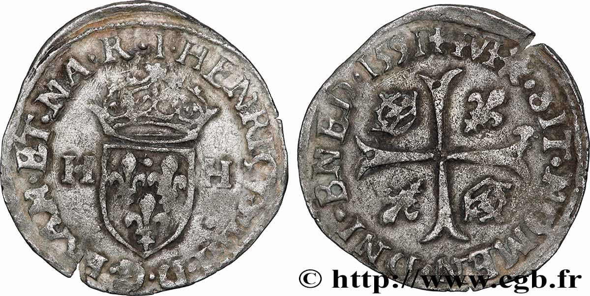HENRI IV LE GRAND Douzain aux deux H, 1er type 1591 Limoges TTB