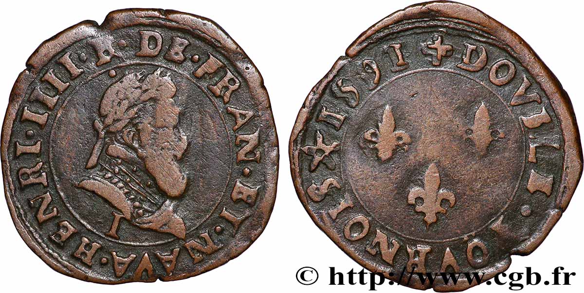 HENRI IV LE GRAND Double tournois, type de Limoges 1591 Limoges TB+