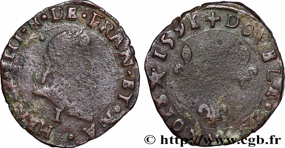HENRI IV LE GRAND Double tournois, type de Limoges 1591 Limoges B+