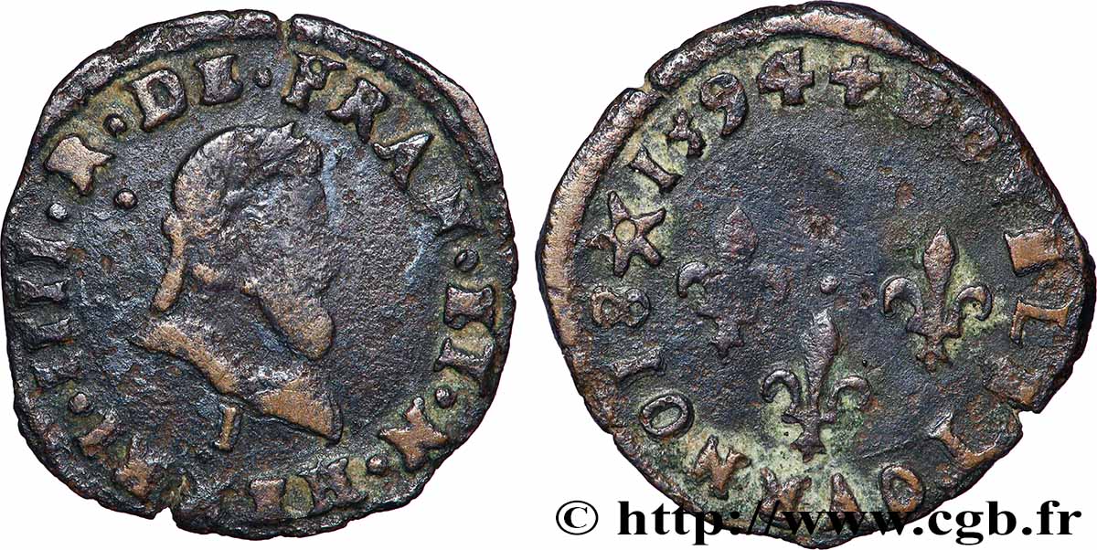 HENRI IV LE GRAND Double tournois, type de Limoges 1594 Limoges TB/TB+