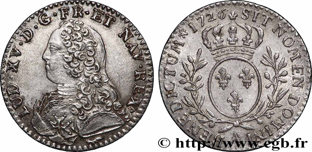 LOUIS XV &nbsp;THE WELL-BELOVED&nbsp; Dixième d’écu aux branches d’olivier, buste habillé 1726 Paris MS