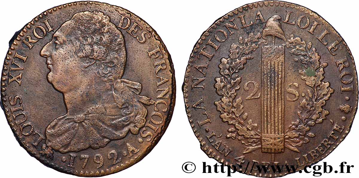 LOUIS XVI (MONARQUE CONSTITUTIONNEL)  2 sols dit &nbsp;au faisceau&nbsp;, type FRANÇOIS 1792 Paris TTB+