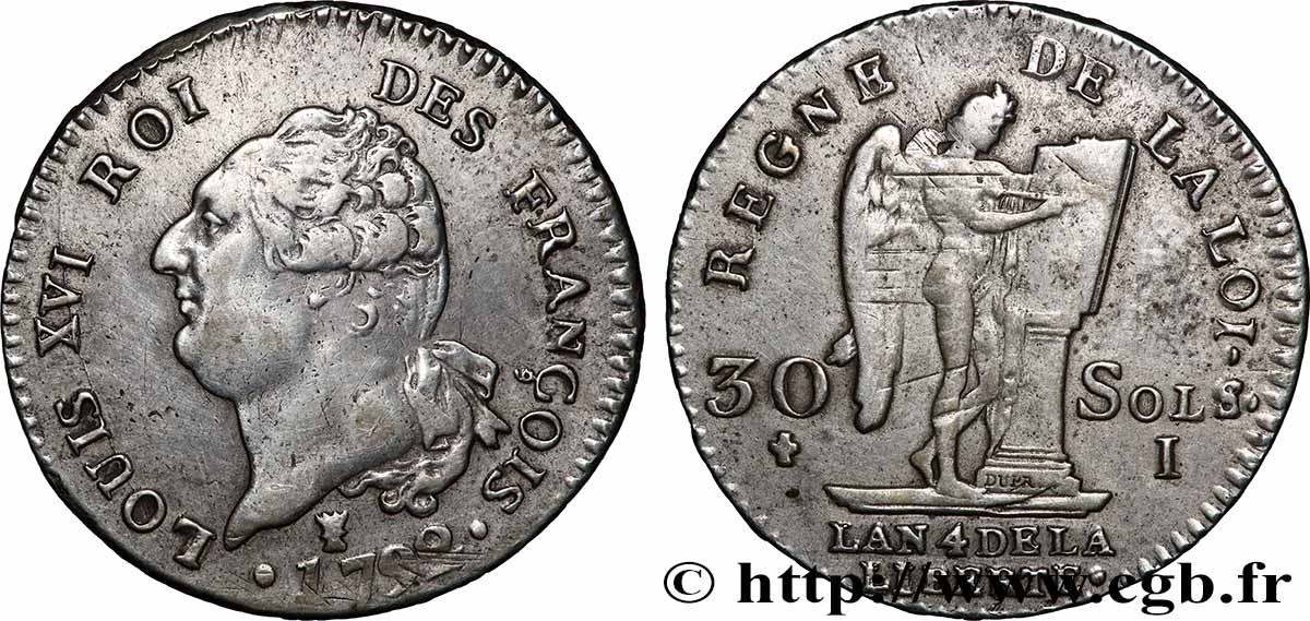 LOUIS XVI (MONARQUE CONSTITUTIONNEL)  30 sols dit &nbsp;au génie&nbsp;, type FRANÇOIS 1792 Limoges TTB