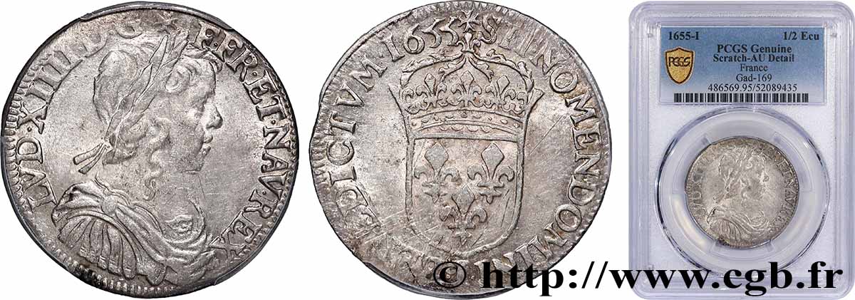 LOUIS XIV LE GRAND OU LE ROI SOLEIL Demi-écu, portrait à la mèche longue 1655 Limoges SUP