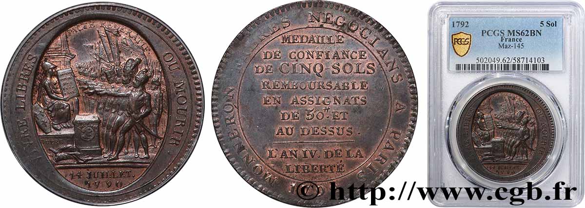 CONFIANCE (MONNAIES DE...) Monneron de 5 sols au serment (An IV), 3e type 1792 Birmingham, Soho SUP62