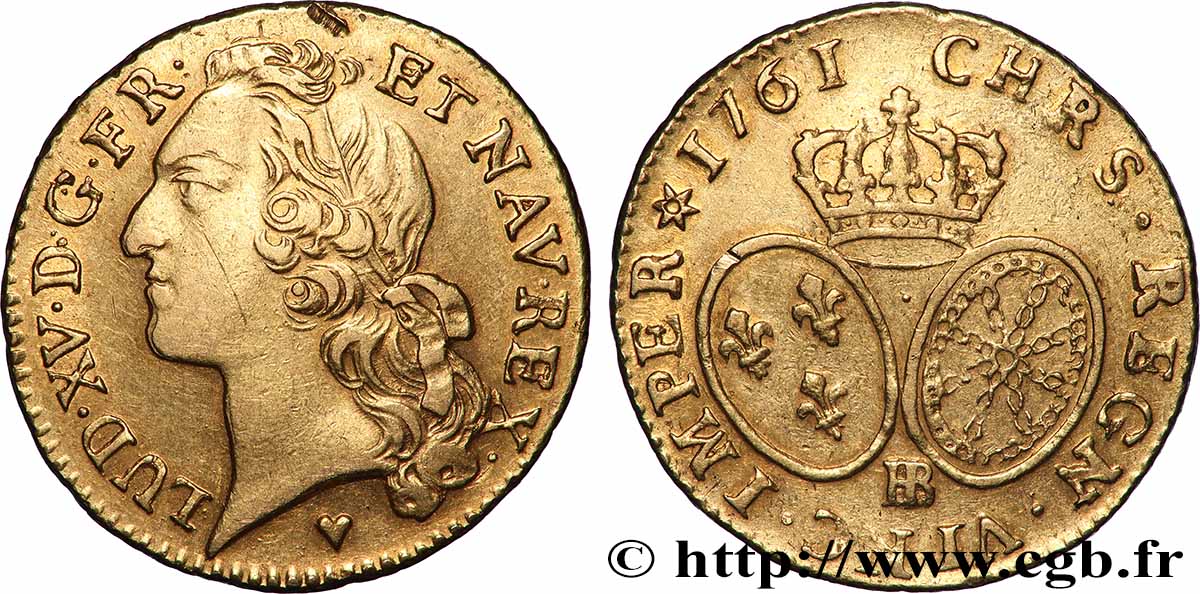 LOUIS XV DIT LE BIEN AIMÉ Louis d’or aux écus ovales, tête ceinte d’un bandeau 1761 Strasbourg TTB+