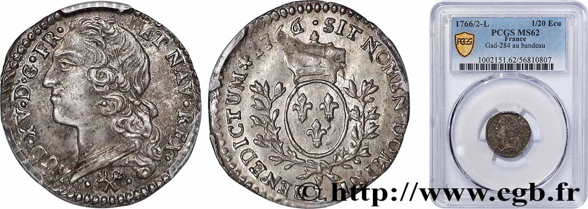 LOUIS XV DIT LE BIEN AIMÉ Vingtième d&nbsp;écu aux branches d’olivier, tête ceinte d’un bandeau 1766 Bayonne SUP62