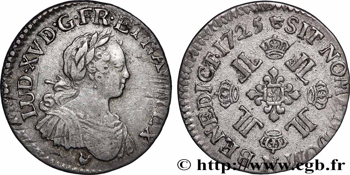 LOUIS XV DIT LE BIEN AIMÉ Huitième d’écu à la croix fleurdelisée couronnée et aux huit L 1725 Montpellier TTB/TTB+