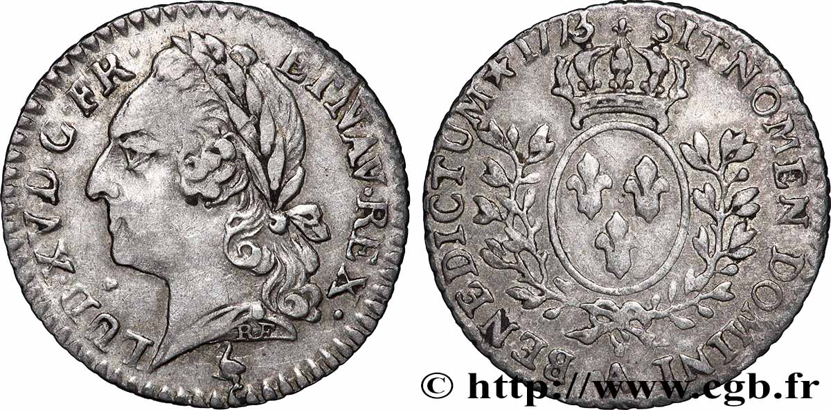 LOUIS XV DIT LE BIEN AIMÉ Vingtième d&nbsp;écu aux branches d’olivier, buste lauré 1773 Paris TTB/TTB+
